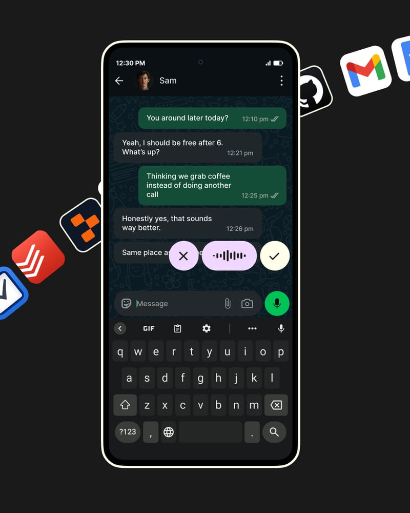 Wispr Flow press card showing a phone chat with the voice dictation bar and app icons around it