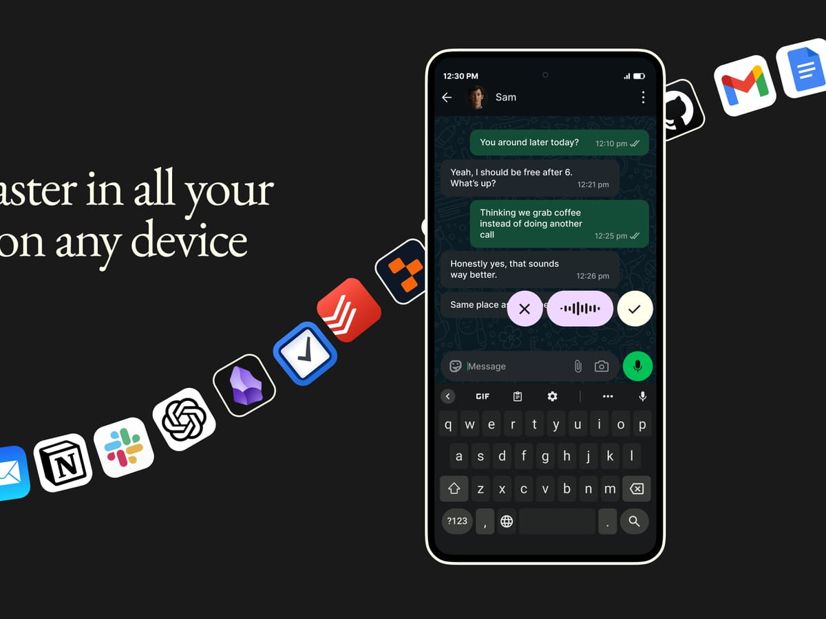Wispr Flow press card showing a phone chat with the voice dictation bar and app icons around it